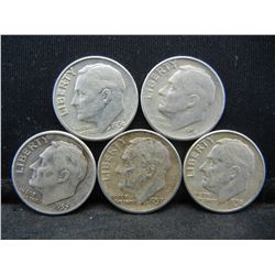 (5) Roosevelt Dimes, 50's, Some Mint Marks