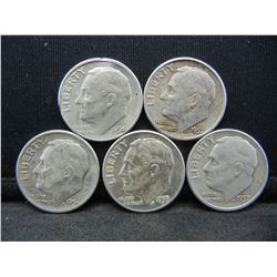 (5) Roosevelt Dimes, 50's, Some Mint Marks