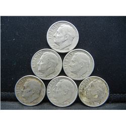 (6) Roosevelt Dimes, 50's, Some Mint Marks