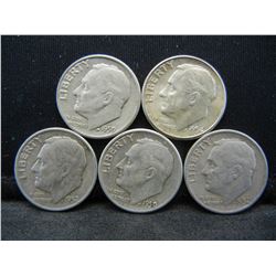 (5) Roosevelt Dimes, 50's, Some Mint Marks