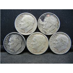 (5) Roosevelt Dimes, 50's, Some Mint Marks