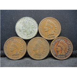 (5) Indian Head Cents, 1898, (2) 1900, 04, 07