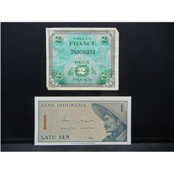 1944 French Two Franc Military Note, and 1964 Indonesia One Satu Sen