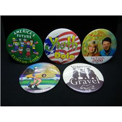 (5) LARGE (2.5'' WIDE) POLITICAL BADGES