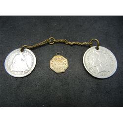 1865 Three Cent Piece, 1854 Seated Dime With Arrows, and Tiny Old Glory Coin