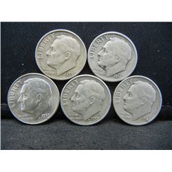 (5) Roosevelt Dimes, 50's, Some Mint Marks