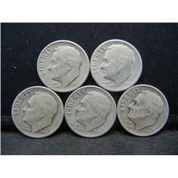 (5) Roosevelt Dimes, 40's Some Mint Marks