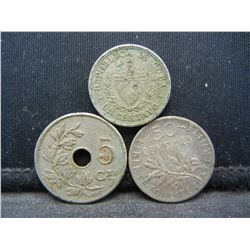 1916 Cuba One Centavo, 1917 French Fifty Centavos, 1920 Belgium Nickel, Holed