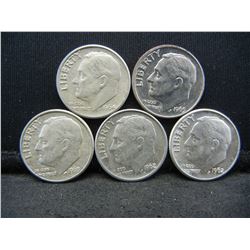(5) Roosevelt Dimes, 60's, Some Mint Marks