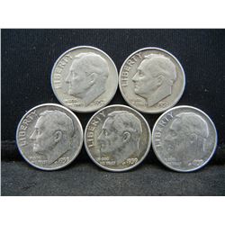 (5) Roosevelt Dimes, 50's, Some Mint Marks