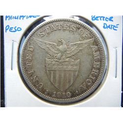1910-S Philippines Peso.  AU.  Better Date.