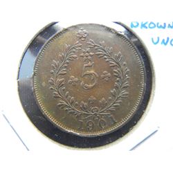 1901 Azores 5 Reis.  Brown UNC.  Scarce.