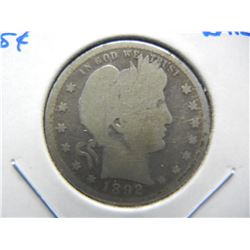 1892-S Barber 25c.  Semi-Key Date.  Good+.