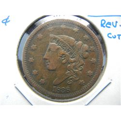 1838 Large 1c.  XF Details.  Reverse Cut.  Scarce Grade.