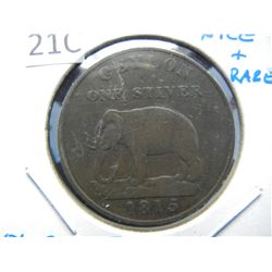 1815 Ceylon 1 Stiver.  Nice & Rare.  Elephant Picture.