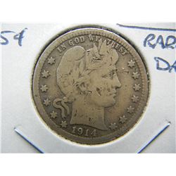 1914-S Barber 25c.  Fine Details.  Rare Date.  Damaged.