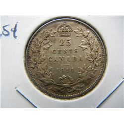 1914 Canada 25c.  AU.  Rare.