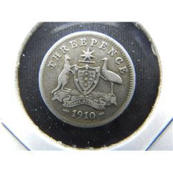 1910 Australia Silver 3 Pence.  VF.  Scarce.