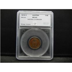 1816-S Austria 1/4 Kreuzer.  SEGS MS-63.