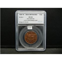 1858-W India-British 1/4 Anna.  Single Leaf.  SEGS MS-63 Red.