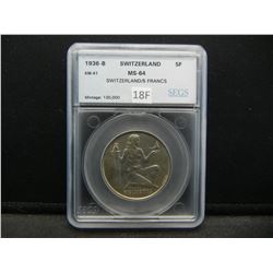 1936-B Switzerland 5 Francs.  SEGS MS-64.