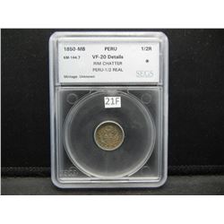 1850-MB Peru 1/2 Real.  SEGS VF-20 Details.