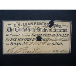 1865 Confederate States $17 Bond Coupon.  Rare.