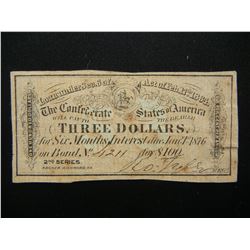 1876 Confederate States $3 Bond Coupon.  Rare.