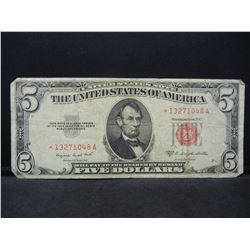 1953B $5 Red Seal Star Replacement Note.  Scarce.  VF.