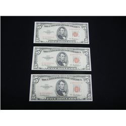 1953A $5 Red Seal.  3 Consecutive Serial Numbers.  Nice AU/UNC.  Scarce.