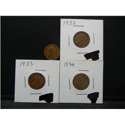 4 Semi-Key Lincoln 1c.  1931, 1932, 1933, and 1934.