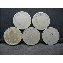 5 Better Date V Nickels.  1889, 1891, 1892, 1893, and 1894.