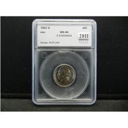 1952-S Jefferson 5c.  SEGS MS-64.  5 Steps.