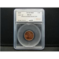 2000 Lincoln 1c.  SEGS MS-63 Red.  Proof Reverse.