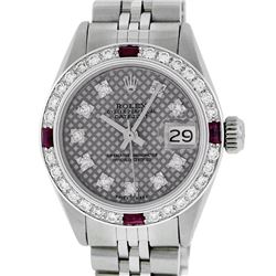 Rolex Ladies Stainless Steel Slate Grey Stamp Diamond & Ruby Datejust Wristwatch