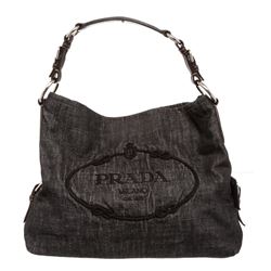 Prada Dark Gray Denim Canvas Embroidered Shoulder Bag