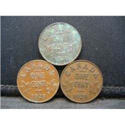 3 Canada George V Cents Dated 1920 1928 1929.