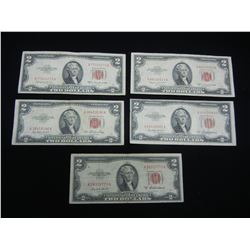 Five $2 1953 Red Seal United States Notes.