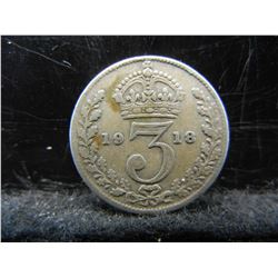 1918 Great Britain 3 Pence 92.5% Sterling Silver Coin.  Coin Weighs 0.05 Troy Ounce.