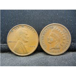 1909 Indian Cent and 1909-VDB Lincoln Cent.