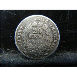 1850-A France 20 Cents 90% Silver Coin.  Coin Weighs 0.03 Troy Ounce.