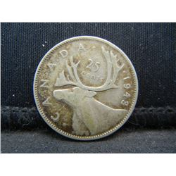 1943 Canada 25 Cents 80% Silver Quarter, Weighs 0.18 Troy Ounce.