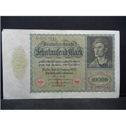 1922 Germany Weimar Republik 10,000 Mark Reichsbanknote, Serial # V 0303951