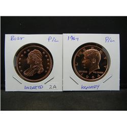 (2) Troy Ounce copper rounds:  Bust and 1964 Kennedy.  Proof like.