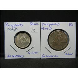 1944-D Philippines 20 centavo silver and 1944-S 50 centavos silver.  WWII issues. BU.