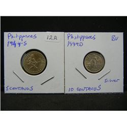 1944-D Philippines 10 centavo silver and 1944-S 5 centavos nickel.  WWII issues. BU.