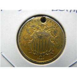 1967 Shield Nickel.  Nice XF with gold plating but holed.