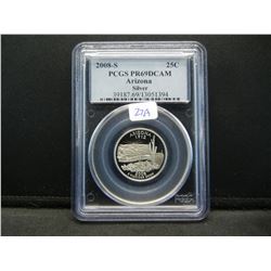 2008-S silver Arizona State Quarter.  PCGS slabbed as PR 69 DCAM.