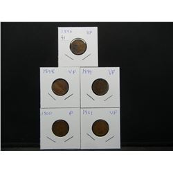 (5) Nice Indian Cents; 1890 VF, 1898 VF, 1899 VF, 1901 VF, and 1900 Fine.    All full Libs.  )