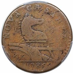 1786 New Jersey Copper, Narrow Shield, Straight Plow Beam, Maris 15-T, R3, PCGS F detail, cleaned.